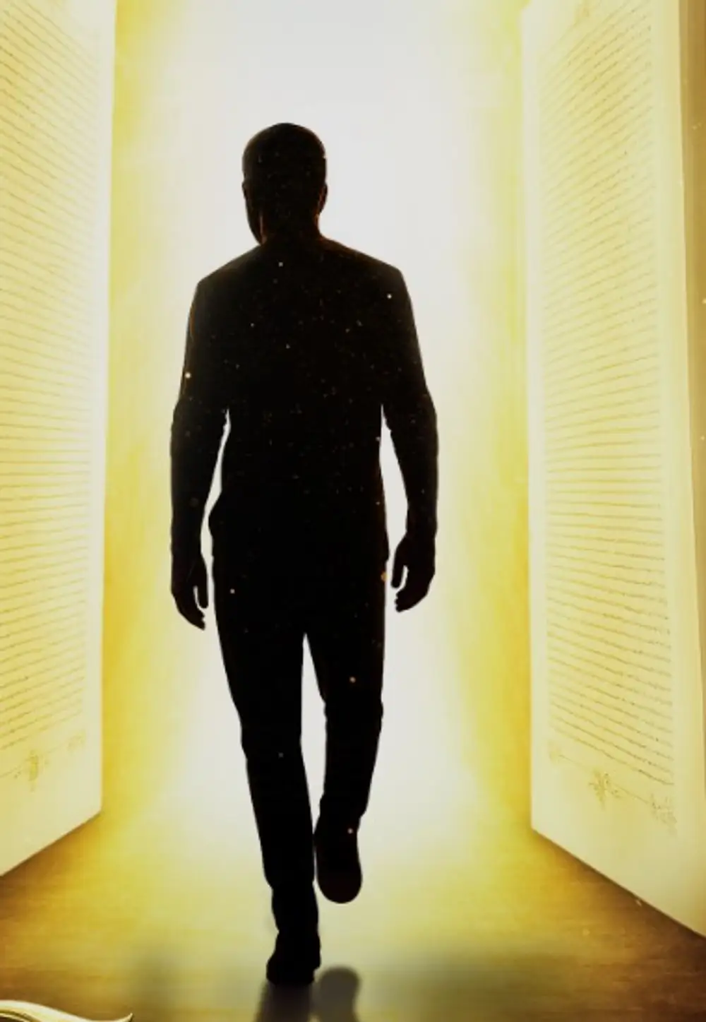 A man silhouetted, walking into light between two giant open books in an ancient library — the cover art of The Man Christ Jesus